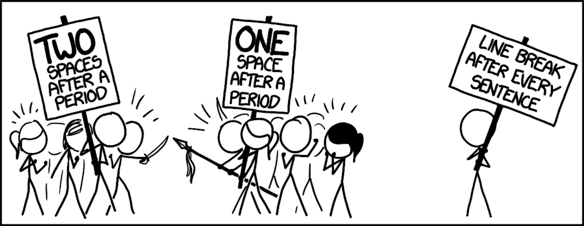 xkcd comic 1285. To the left a group with three Cueballs, a Ponytail and Megan at the front which face another group with two Cueballs, a Ponytail and a black haired ponytail at the front. Each group has a placard. A Cueball in the left group has a cutlass and a Cueball in the right group has a spear as they are angrily facing off against each other. Off to the far right side stands a lone Cueball also with a placard. Left placard: Two spaces after a period Middle placard: One space after a period. Right placard: Line break after every sentence